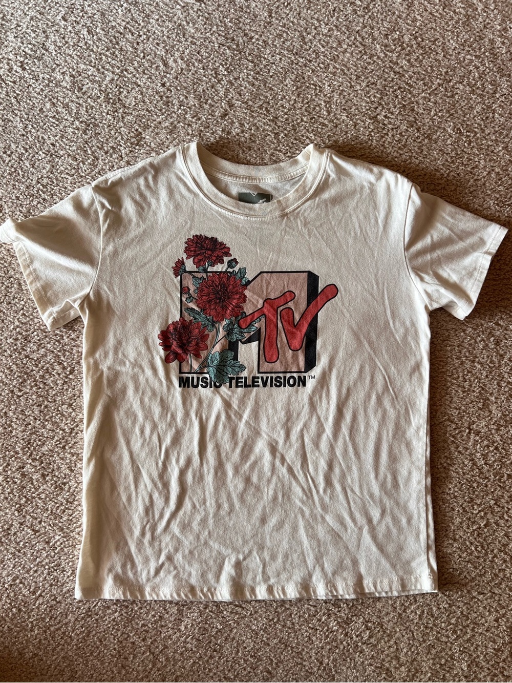 MTV Tee in Cream with Red Floral Logo